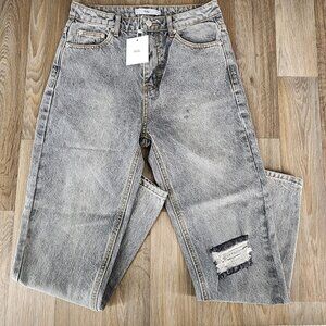 Adika Women's Medium Distressed High-Waist Straight Leg‎ Jeans Gray 100% Cotton